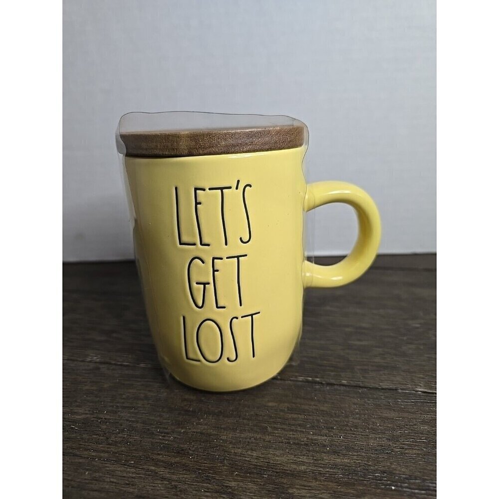 NWT Rae Dunn Artisan Let's Get Lost Yellow Ceramic Mug Wood Lid Coaster